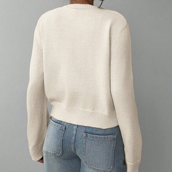 Beige Casual Women's Round Neck Long Sleeve Loose Cropped Sweater Cardigan - Picture 2 of 6